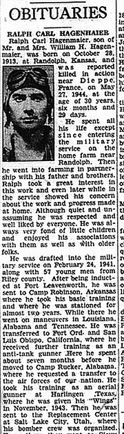 Hagenmaier's obituary in the Manhattan Mercury, September 28, 1944.